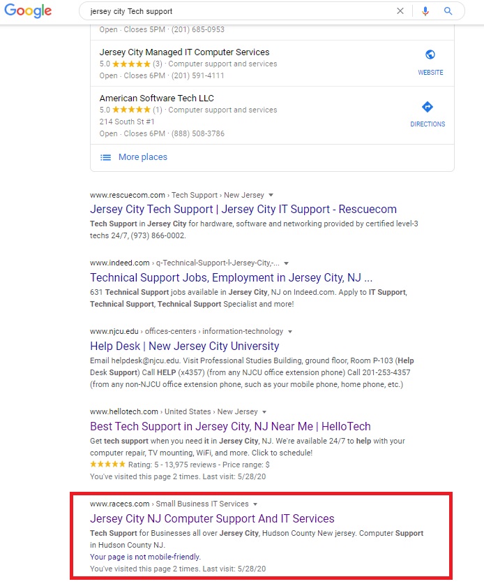 Archived Google search results for Jersey City tech support, with the Racecs Jersey City IT-services page outlined in red.